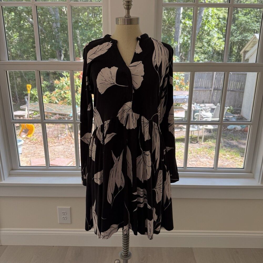 Fat Face Flowy Leaf Dress Black White Boho Fairy Goth Coquette Jersey Knit Sz 8